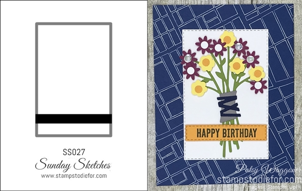 Card stamped using Sunday Sketches SS027 and the Itty Bitty Birthday stamp set and Bitty Blooms Punch along with Bouquet Bunch Framlits Dies #stampinup #cardsketch #SS027 horz