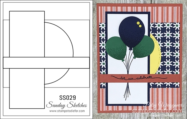 Card stamped using Sunday Sketches SS029 and Ballon Celebration Stamp Set #stampinup #cardsketch #SS029 horz