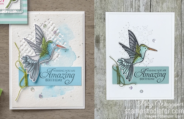 CASE card from page 36 of the 2019 Occasions Catalog stamped with the Humming along stamp set #stampinup #CASECARD #hummingbird horz