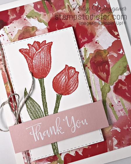 Sunday Card Sketch Timeless Tulip stamp set by Stampin Up and Peaceful Poppies paper Thank you card slant