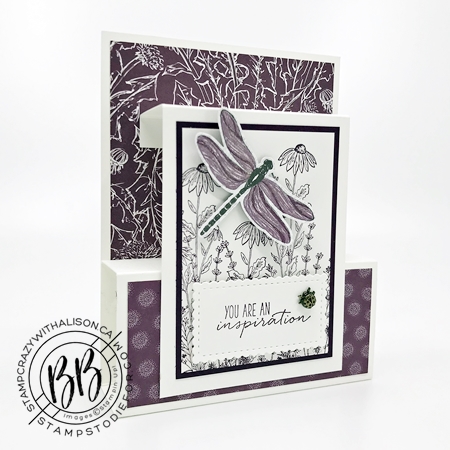 Fun fold card created with Dragon Fly Garden Stamp Set by Stampin Up Misty Blackberry bliss