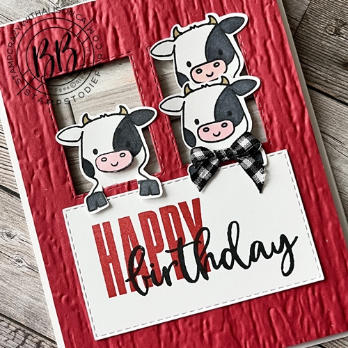 Birthday Card with Cows peeking through the barn windows