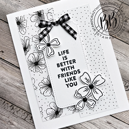 black and white card using Flowers of Friendship Bundle Stamp Set and Flower and Leaves Punch by Stampin' Up!
