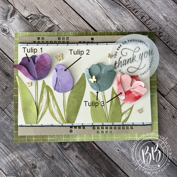 Card stamped using the Flowering Tulips Stamps and the Tulips Dies by Stampin’ Up!