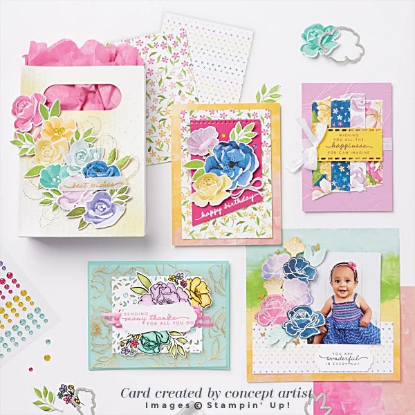Hues of Happiness Suite Samples by Stampin’ Up! Concept Artist – Happiness Abounds Stamp Set & Blossoming Happiness Dies